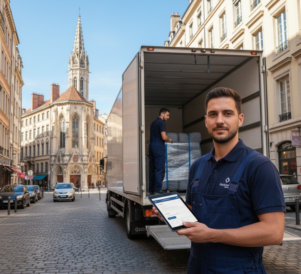 Déménageur avec tablette pour établir un devis à Lyon